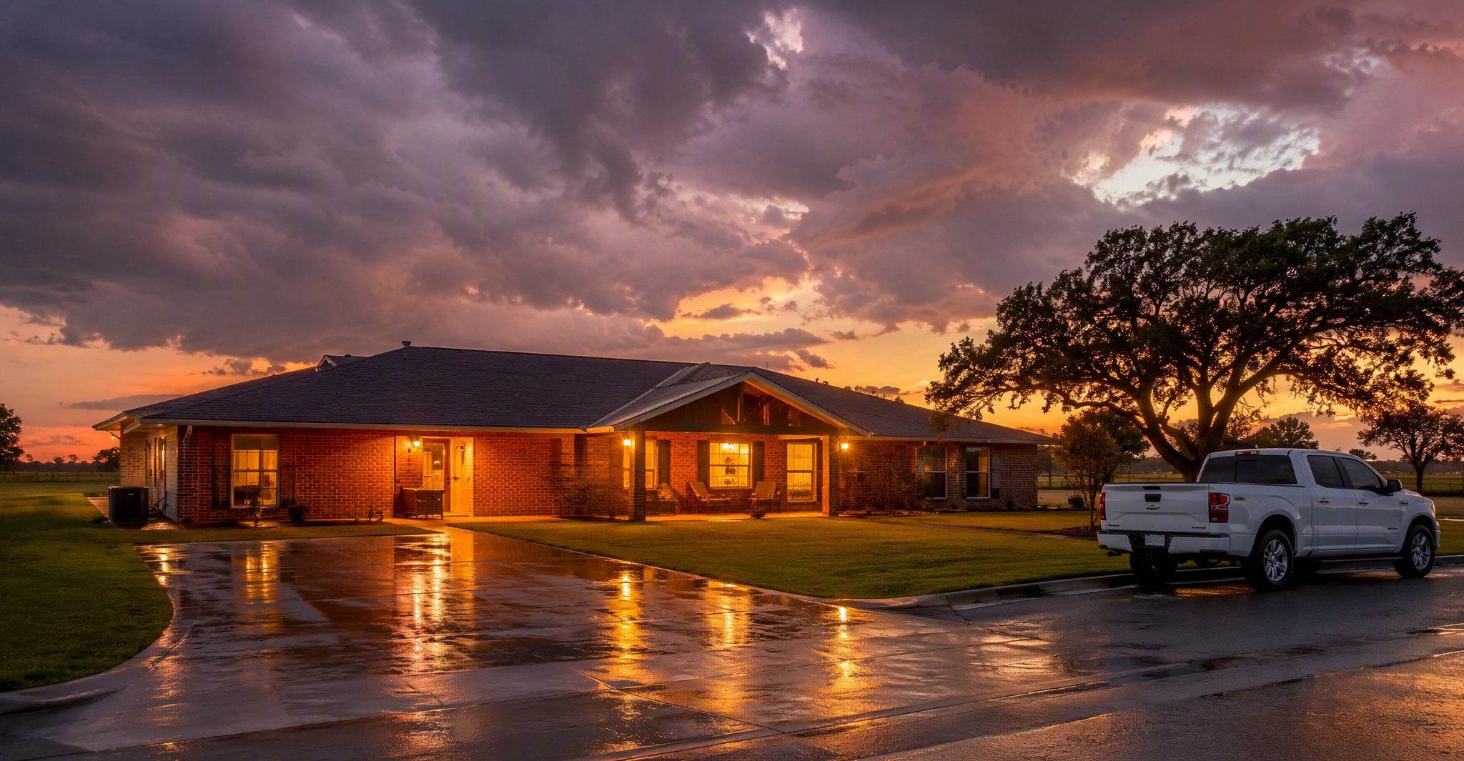 Brick ranch home in Waco at dusk after a Gulf storm, wet driveway and warm windows